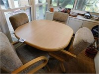 Kitchen table w/ one leaf, 4 upholstered chairs