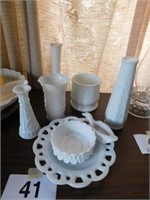 Milk glass: lace cut out dish - duck dish - vases