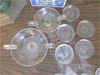 Two 2 handled clear dishes, 5 glass coasters, all