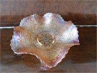Carnival glass ruffled dish, Persian Medallion