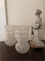 Porcelain Geisha Figurene and Aisain Vases