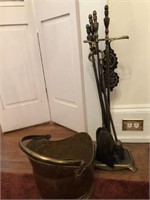 Vintage Brass Fireplace Tools and Bucket