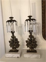 Pair of Antique Brass Candlesticks on Marble