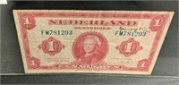 1943 Netherlands 1 Gulden Bank Note - Scarce