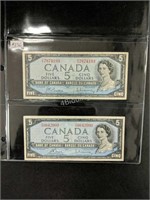 Two 1954 Canada $5.00 - Two Different Signatures