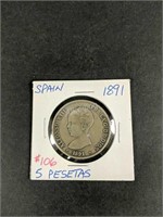 1891 Spain 5 Pesetas- Large Silver World Crown