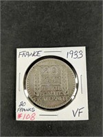 1933 France 20 Francs VF-Large Silver World Crown