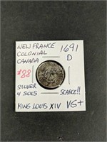 1691 D New France Silver 4 Sols VG+ Louis XlV