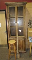 Natural Wood Cabinet, Stool & Antique Tool