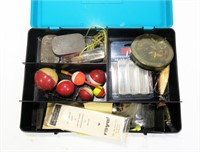 Lure box with contents, plugs, flies, bobbers