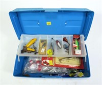 Emco tackle box with contents: bobbers, plugs,
