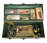 Metal tackle box with contents: Penn and Ocean
