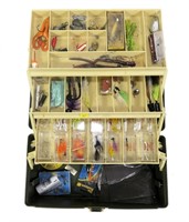 Plano tackle box with contents: jigs, flies, hooks