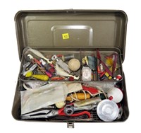 Metal tackle box with contents: jigs, hooks, line,