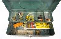 Metal tackle box with vintage jigs
