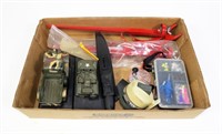 Lot, toy Army vehicles, pole holders, reel, lures,