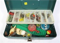 Metal tackle box with contents: spinners, jigs,
