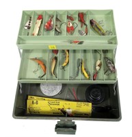 Tackle box with contents:plugs, spinners, spoons