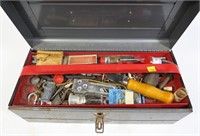 Tool box with contents: Linoleum cutter, drill