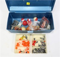 Tackle box with contents: sinkers, bobbers, worms