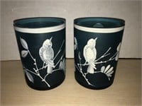 2 Frosted Blue Glasses With Hand Painted Birds And
