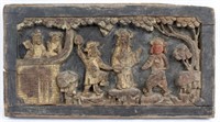 ANTIQUE CHINESE WOOD WALL CARVING PLAY SCENE