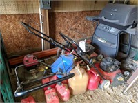 3 push mowers, gas cans and Grill