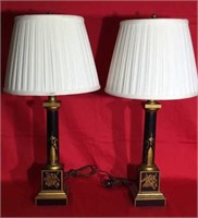 Pr. French Gold & Black Hand Painted Table Lamps