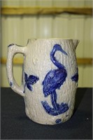 Cobalt blue and gray pitcher with standing crane