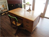 Antique Writing Desk, Table Lamp and Rolling Chair