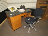 Wooden Desk, Rolling Chair, Wall Sconce & Platter
