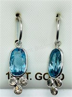 14K White Gold, Blue Zircon Diamond Earrings