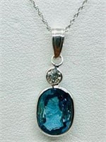14K White Gold, Blue Zircon Diamond Necklace 4.5CT
