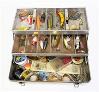 Walton tackle box with contents: spoons, plugs,