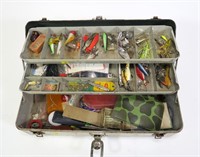 Metal tackle box with contents: plugs, spoons,