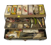 Metal tackle box with contents: plugs, flat fish