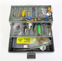 Tackle box with contents: spoons, plugs, worms,