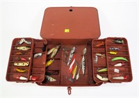 Metal tackle box with contents: plugs and spoons