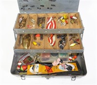 Metal tackle box with contents: spoons, spinners,