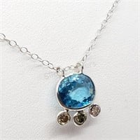 10K White Gold, Blue Zircon Diamond Necklace
