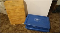 2 Plastic Totes, Wooden Storage Box(19"W x 25"H)