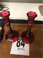 Pair of Red Glass Candle Sticks 8”