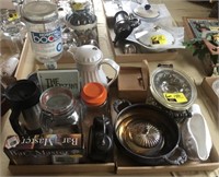 Lot of two tray lots with serving pieces, jars