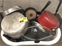 Basket lot of pots and pans