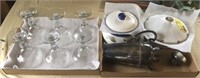 Two tray lots including glasses, covered dishes,
