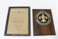GROUPING: BSA WOOD BOX, PLAQUE, PAPER