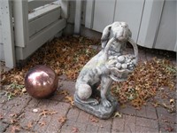 Concrete garden statue of hound & gazing ball