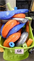 LARGE ASSORTMENT OF POOL TOYS IN TOTE