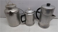 2 Vint. Aluminum Coffee Pots & Vint. Milk Bucket