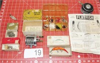 Grouping of Vintage Fishing Lure, Reel, and items